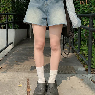 Sunset Washed Denim Cut-off Knee-Length Shorts Vintage Knee-Length & Knee-Length High-Waisted A-Line Pants