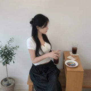 *Summer Knit* Eyelet Ribbon U-Neck Summer Short Sleeve Knit