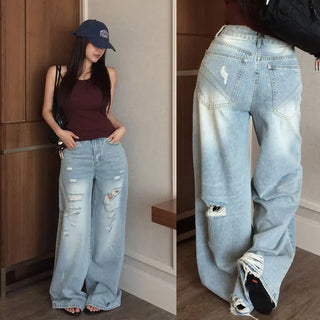 Pipe ripped denim wide-leg pants