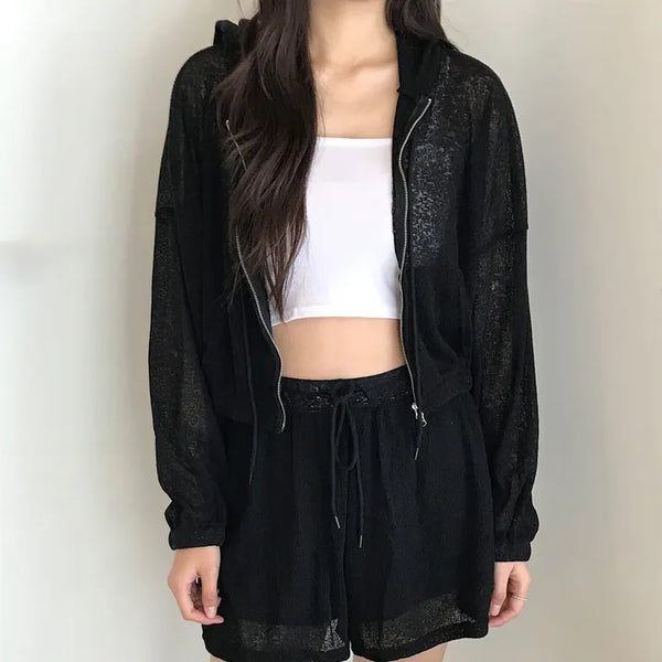 Offre Linen Two-Way Zip-Up Hoodie + Sleeveless Top + Shorts Three-Piece Setup - set