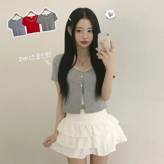 Delicate~ Slim Fit, Lace U-Neck Three-Button Ribbed Crop T-Shirt Short Sleeve Cardigan