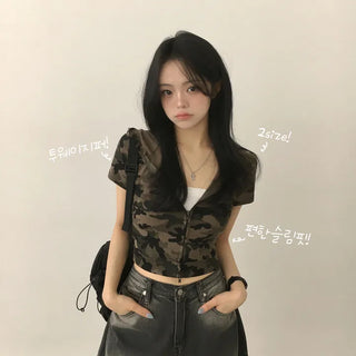 Effortless Hip Mood, Camo Military Two-way Delicate Fit Cropped Short Sleeve Zip-up Hoodie