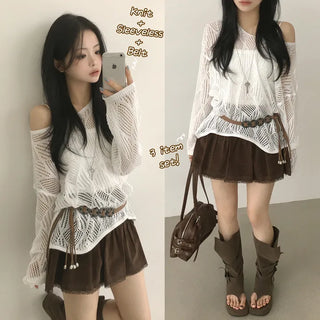 Delicate~ Bohemian Chic Hippie V-Neck One-Off Shoulder Loose Fit Mesh Summer Long Sleeve Knit + Crop Sleeveless Cap + Belt Three-Piece Layered Set