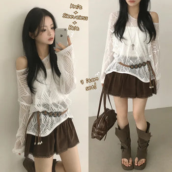 Delicate~ Bohemian Chic Hippie V-Neck One-Off Shoulder Loose Fit Mesh Summer Long Sleeve Knit + Crop Sleeveless Cap + Belt Three-Piece Layered Set