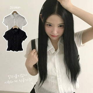 Pure Wrinkle See-through Delicate Fit Summer Blouse Short Sleeve Shirt