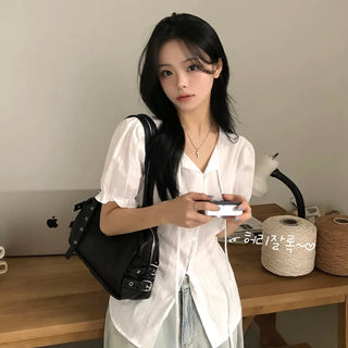 Lovely Summer Back Ribbon Delicate Fit Puff Shirred Short Sleeve Blouse