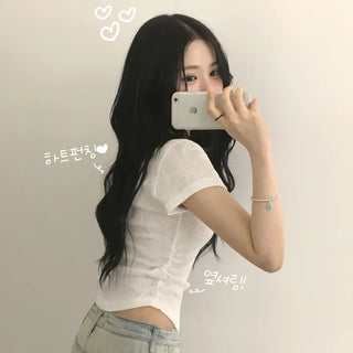 Lovely Mood, Square Neck Heart Punching Rounded Side Shirring Delicate Slim Fit Short Sleeve T-shirt