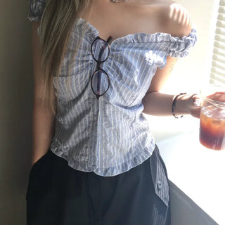 Thunder Stripe Off-Shoulder Puff Sleeveless Blouse