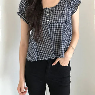 Lucien Check Cotton Puff Blouse