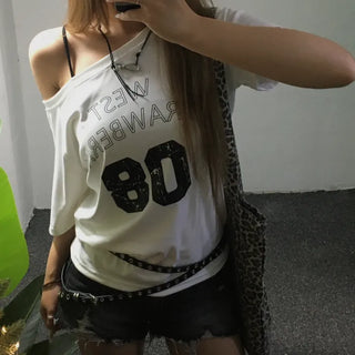 West Grunge Lettering One-Shoulder Short Sleeve Tee