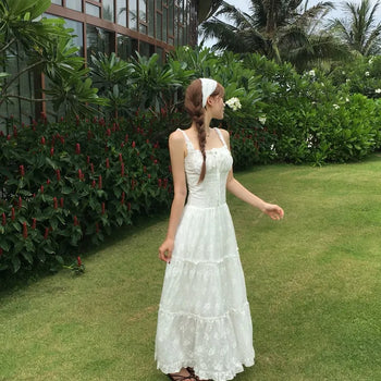 Wendy Flower Embroidered Frill Ribbon Long Dress