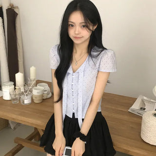 Breathable~ Cool feel, Tiny Dot Strap Button Puff Cropped Slim Fit Short Sleeve Blouse