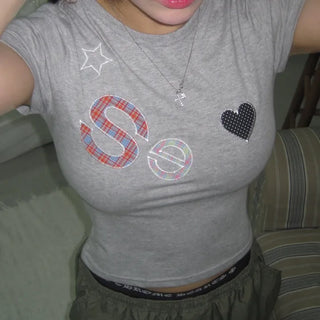 SEOLO Co-ro Check Polka Dot Patch Embroidery Semi-Crop Short Sleeve Tee
