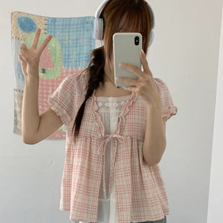 Tachi check layered blouse