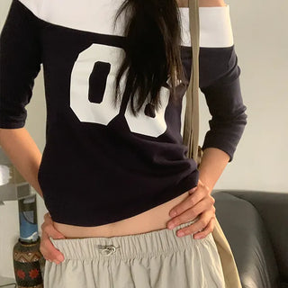 Semi-number printed asymmetrical off-shoulder short-sleeve T-shirt