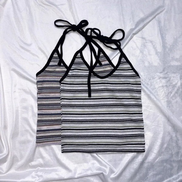 Coco Stripe Mix Halterneck Sleeveless Top  Sleeveless Top Summer Crop Top Layered Halterneck Striped Sleeveless Top Daily Vintage Y2K Summer Knit Resort Vacation