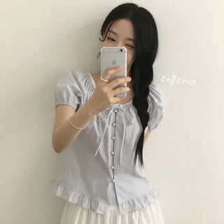 Button U-Neck Lace Strap Ribbon Frill Puff Delicate Fit Short Sleeve Blouse