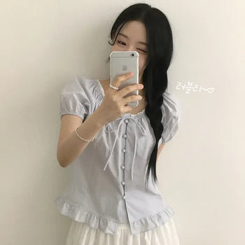 Button U-Neck Lace Strap Ribbon Frill Puff Delicate Fit Short Sleeve Blouse