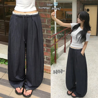 Flowy~ Thin and cool, Summer Cool Crispy Wide Color-Blocked Layered Elastic Waist Pants