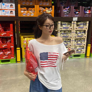 Simple American Flag One-Shoulder Loose Fit T-shirt