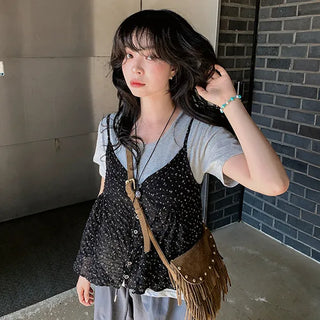 Sandeul Daisy Flower Bustier V-Neck Strap Sleeveless Layered Crop Sleeveless Open Button Top