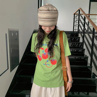 Tomato Color Block Print Short Sleeve Tee Fruit Lettering English Character Print Basic Short Sleeve T-shirt Top