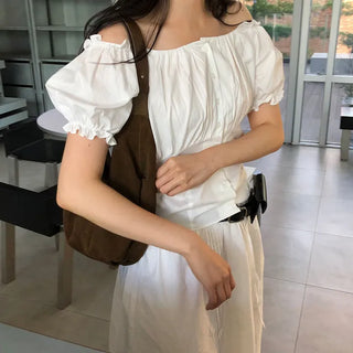 Nugget Women's Off-Shoulder Pintuck Banding Short Sleeve Slim Fit Summer Blouse
