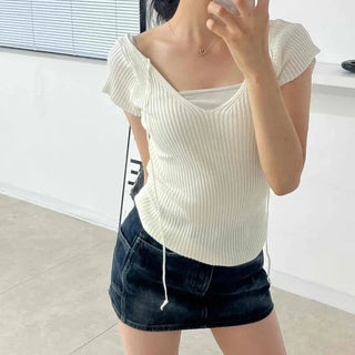 Clean V-Neck Ribbed Tee with Ribbon
