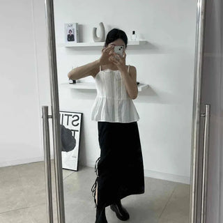 Basic Ribbon Strap Slit Long Skirt
