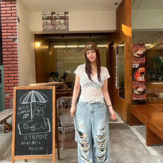 Damaged Vintage Point Used Wide Denim Pants