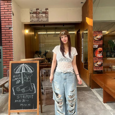 Damaged Vintage Point Used Wide Denim Pants