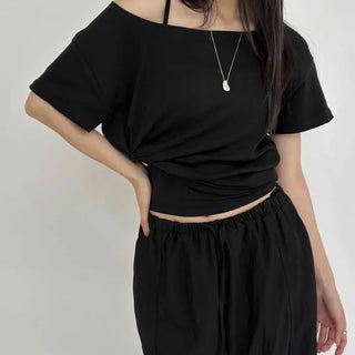 Boat neck loose fit short sleeve off-shoulder
