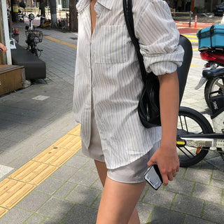 Fiore Women's Linen Long Sleeve Summer Loose Fit Oversized Salanta Rainy Season Striped Shirt