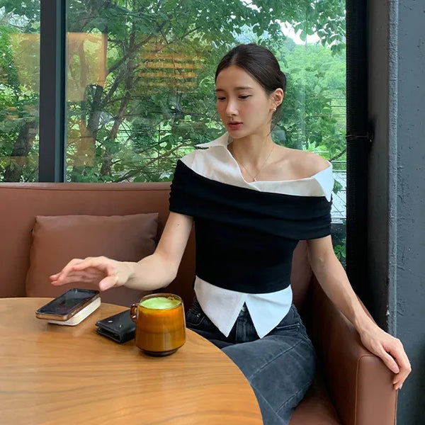 Bern Color Block Off-Shoulder Shirt Blouse