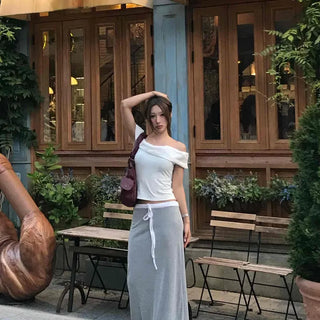 Color-block low-rise maxi long skirt