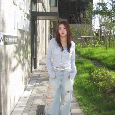 Vintage Damaged Light Wash Ripped Wide Denim Pants