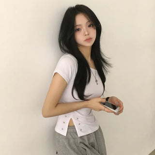 Hip Mood, Boat Neck One-Off Shoulder Studded Diagonal Cut Slit Delicate Fit Short Sleeve T-shirt