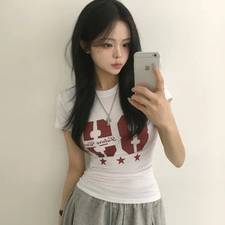 Round Number Star Lettering Stretchy Slim Fit Short Sleeve T-shirt