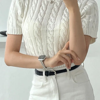 Pure Cable Knit Plain Short Sleeve Tee