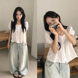 Subtle Lace Details, U-Neck Puff Lace Jacquard Shirred Flare Delicate Loose Fit Short Sleeve Blouse
