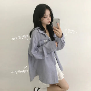 Full of cuteness with a loose oversized fit, cool seersucker striped patch delicate loose boxy oversized hoodie must-have summer shirt long sleeves