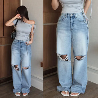 Russian ripped denim wide-leg pants