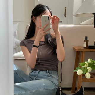Never Drape Shirred Strap Asymmetrical Off-Shoulder Top