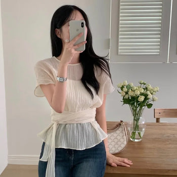 Levan Wrinkle Pleated Ribbon Wrap Short Sleeve Blouse