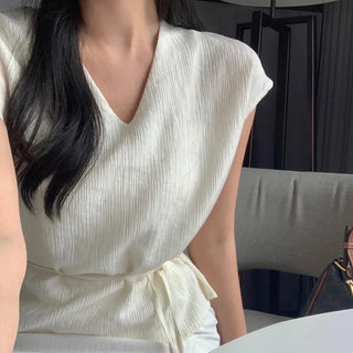 Eril Wrinkle Pleated V-neck Strap Cap Sleeve Short-sleeve Blouse