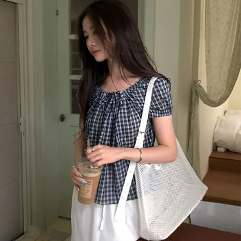 Ironed Check Puff Short Sleeve Blouse Check Blouse/Check Short Sleeve Blouse/Ribbon Blouse/Elastic Waist Blouse