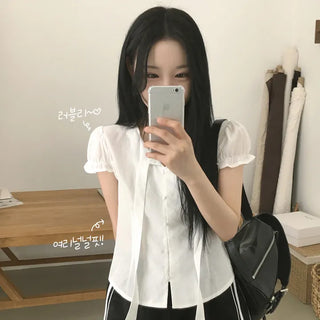 Summer Linen Strap Button Frill Shirred Puff Slim Fit Short Sleeve Blouse