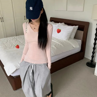 [Burnout Look/Salanta Item] Tencel Glamour Stretchy V-Neck Long Sleeve Tee