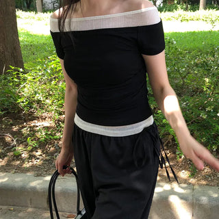 Tone-block Off-shoulder Slim Fit Delicate Fit Summer Short Sleeve T-shirt  *Expected to take 7 days
