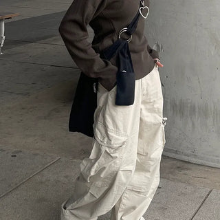 Bio-washed cotton wide cream cargo pants